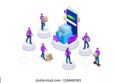 Isometric concept of delivery man and woman in uniform holding boxes and documents in different poses. Collection delivery service workers isolated on white background. Courier or delivery service