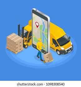 Isometric concept of Delivery service app on mobile phone. Delivery van and mobile phone with map on city background.