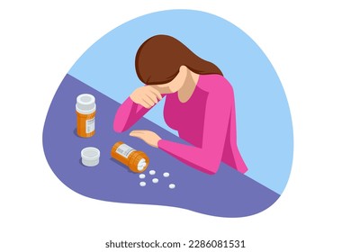 Isometric concept of dependence on pills, drugs, antidepressants. Healthcare and medical, addiction recovery. Concept for prescription drug abuse
