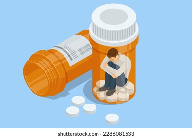 Isometric concept of dependence on pills, drugs, antidepressants. Healthcare and medical, addiction recovery. Concept for prescription drug abuse