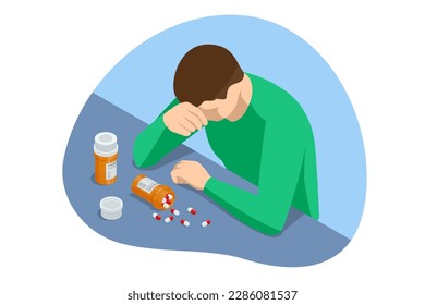 Isometric concept of dependence on pills, drugs, antidepressants. Healthcare and medical, addiction recovery. Concept for prescription drug abuse