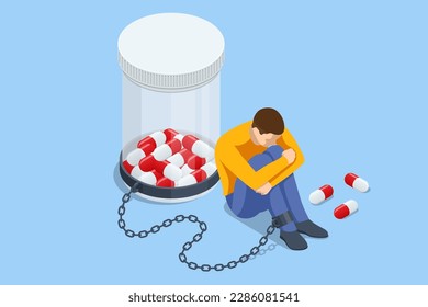 Isometric concept of dependence on pills, drugs, antidepressants. Healthcare and medical, addiction recovery. Concept for prescription drug abuse