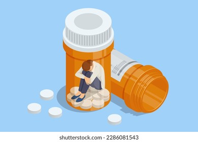 Isometric concept of dependence on pills, drugs, antidepressants. Healthcare and medical, addiction recovery. Concept for prescription drug abuse