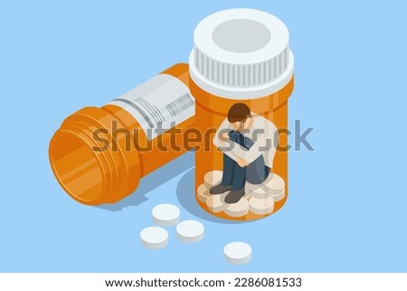 Isometric concept of dependence on pills, drugs, antidepressants. Healthcare and medical, addiction recovery. Concept for prescription drug abuse