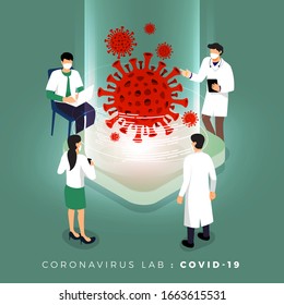 Isometric concept design lab analysis coronavirus COVID-19. Vector illustrate.