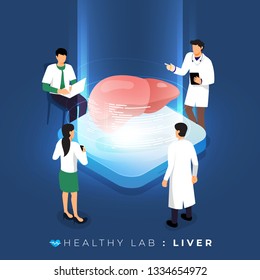 Isometric concept design lab via doctor analysis medical healthy about liver. teamwork education of science. Vector illustrate.