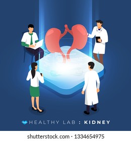 Isometric concept design lab via doctor analysis medical healthy about kidney. teamwork education of science. Vector illustrate.