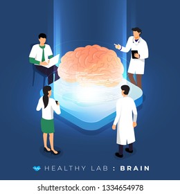 Isometric concept design lab via doctor analysis medical healthy about brain. teamwork education of science. Vector illustrate.