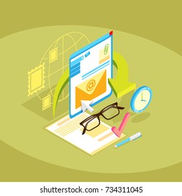 Isometric concept design of mail. E-mail worldwide delivery. Vector illustration