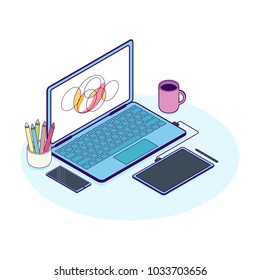 Isometric concept of designer workplace with computer and graphics tablet. Flat line vector illustration.