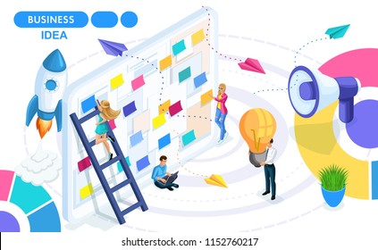 Isometric Concept of developing, creating and implementing a business idea, a startup. Isometric people on the move. Concepts for web banners and printed materials.