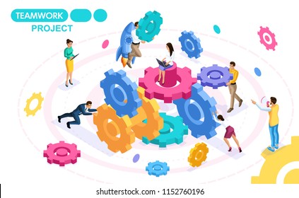 Isometric Concept developing and creating a project of teamwork, business ideas, brainstorming. People on the move. Concepts for web banners and printed materials.