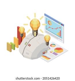 Isometric concept with digital brain light bulbs and charts 3d vector illustration