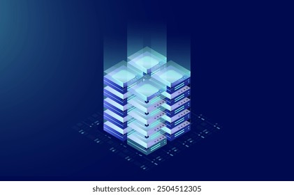 Isometrisches Konzept der digitalen Information: Neon Gradient-Rechenzentrum, Serverraum und Big-Data-Symbol