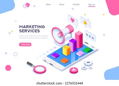 Isometric concept of Digital Marketing. 3D Modern flat design, decorated people characters. Website and mobile, website development. Illustration. Isometric landing page template.