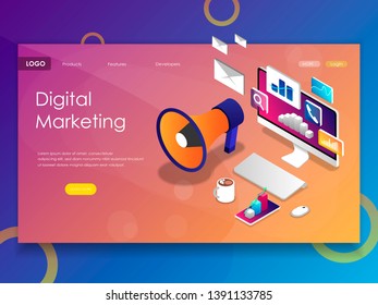 Isometric concept of Digital Marketing. 3D Modern flat design. Website and mobile, website development. Illustration. Isometric landing page template.