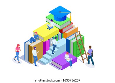 Isometric concept for Digital Reading, E-classroom Textbook, Modern Education, E-learning, Online Training and Course, Audio Tutorial, Distance Education, Ebook and Students