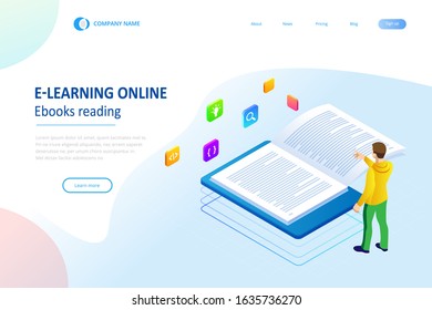 Isometric concept for Digital Reading, E-classroom Textbook, Modern Education, E-learning, Online Training and Course, Audio Tutorial, Distance Education, Ebook and Students