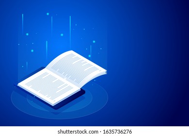 Isometric concept for Digital Reading, E-classroom Textbook, Modern Education, E-learning, Online Training and Course, Audio Tutorial, Distance Education, Ebook and Students