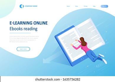 Isometric concept for Digital Reading, E-classroom Textbook, Modern Education, E-learning, Online Training and Course, Audio Tutorial, Distance Education, Ebook and Students