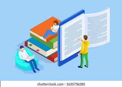 Isometric concept for Digital Reading, E-classroom Textbook, Modern Education, E-learning, Online Training and Course, Audio Tutorial, Distance Education, Ebook and Students