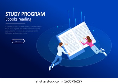 Isometric concept for Digital Reading, E-classroom Textbook, Modern Education, E-learning, Online Training and Course, Audio Tutorial, Distance Education, Ebook and Students