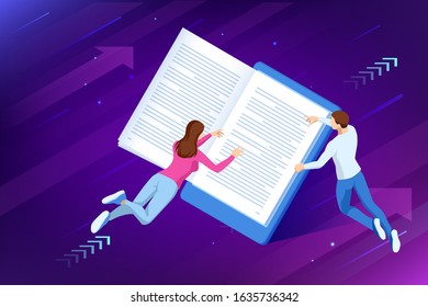 Isometric concept for Digital Reading, E-classroom Textbook, Modern Education, E-learning, Online Training and Course, Audio Tutorial, Distance Education, Ebook and Students