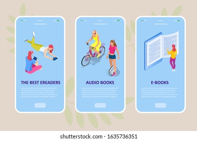 Isometric concept for Digital Reading, E-classroom Textbook, Modern Education, E-learning, Online Training and Course, Audio Tutorial, Distance Education, Ebook and Students