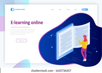 Isometric concept for Digital Reading, E-classroom Textbook, Modern Education, E-learning, Online Training and Course, Audio Tutorial, Distance Education, Ebook and Students