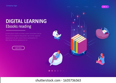 Isometric concept for Digital Reading, E-classroom Textbook, Modern Education, E-learning, Online Training and Course, Audio Tutorial, Distance Education, Ebook and Students