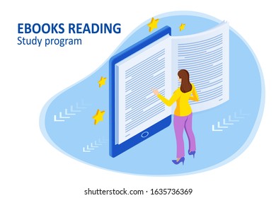 Isometric concept for Digital Reading, E-classroom Textbook, Modern Education, E-learning, Online Training and Course, Audio Tutorial, Distance Education, Ebook and Students