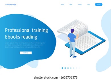 Isometric concept for Digital Reading, E-classroom Textbook, Modern Education, E-learning, Online Training and Course, Audio Tutorial, Distance Education, Ebook and Students