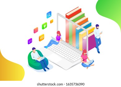 Isometric concept for Digital Reading, E-classroom Textbook, Modern Education, E-learning, Online Training and Course, Audio Tutorial, Distance Education, Ebook and Students