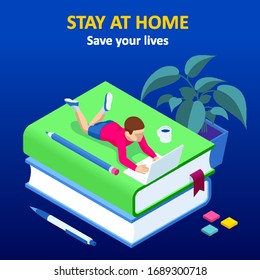 Isometric concept for Digital Reading, E-classroom Textbook, Modern Education, E-learning, Online Training and Course, Audio Tutorial, Distance Education, Ebook and Student.