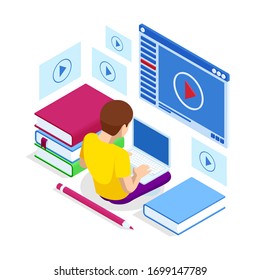 Isometric concept for Digital Reading, E-classroom Textbook, Modern Education, E-learning, Online Training and Course, Audio Tutorial, Distance Education, Ebook and Student