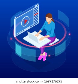 Isometric concept for Digital Reading, E-classroom Textbook, Modern Education, E-learning, Online Training and Course, Audio Tutorial, Distance Education, Ebook and Student.