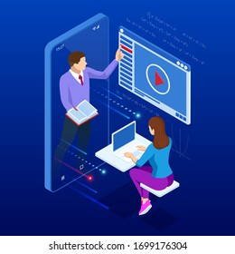 Isometric concept for Digital Reading, E-classroom Textbook, Modern Education, E-learning, Online Training and Course, Audio Tutorial, Distance Education, Ebook and Student.