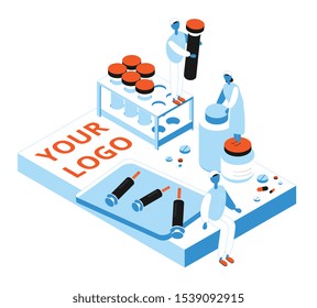 Isometric concept with doctors medicine elements and space for logo 3d vector illustration