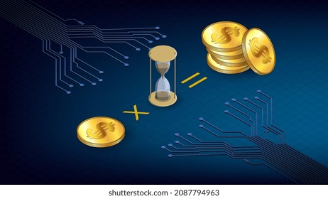 Isometric concept of earning coins during staking time with gold coins USD dollars and hourglass and PCB tracks on dark blue background. Header or banner.