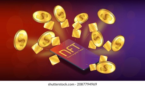 Isometric concept of earning dollars USD on NFT market. NFT non fungible token and gold coins of dollars fly out from cellphone. Pay for unique collectibles.