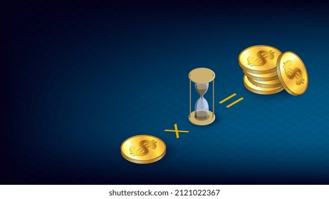Isometric concept of earning on staking coins with copy space on dark blue background. Gold coins USD dollars with hourglass. Adding coins during staking time. Website header or banner.