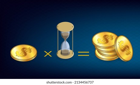 Isometric concept of earning on staking coins. Gold coins USD dollars with hourglass on dark blue background. Adding coins during staking time. Vector illustration.