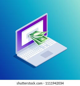 Isometric concept e-banking. 3d laptop issuing money as an ATM. E-commerce and mobile banking. Vector illustration.