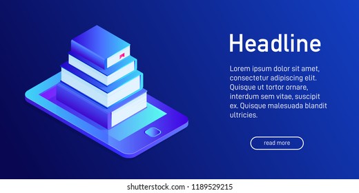 Isometric concept of e-book library, landing page design. Web site decor with 3d paper books, eBook storage, distance learning. Vector illustration.