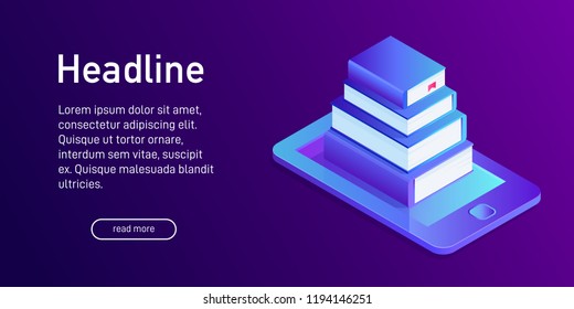 Isometric concept of e-book library, landing page design. Web site decor with 3d paper books, eBook storage, distance learning. Vector illustration.