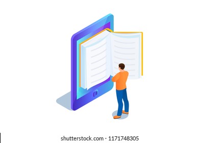 Isometric concept of e-book, paper book in device. Person, man is standing and reading 3d eBook. Vector illustration.