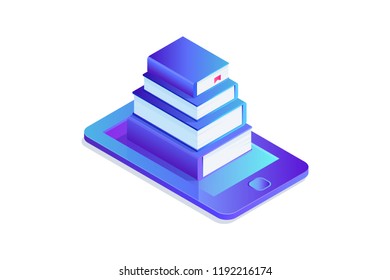 Isometric concept of e-books library, paper book in smartphone. 3d paper books on phone screen, eBook storage. Vector illustration.