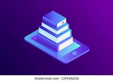 Isometric concept of e-books library, paper book in smartphone. 3d paper books on phone screen, eBook storage. Vector illustration.