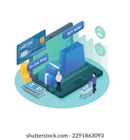 Concepto isométrico de ecommerce con gente haciendo compras en línea de ilustración vectorial 3d