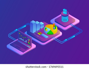 Concepto isométrico del análisis económico. Análisis del mercado de beneficios en efectivo. Gradiente. La relación de los aspectos para alcanzar el objetivo. Se puede usar en páginas web, banners web, sitios web, en presentaciones. EPS 10.